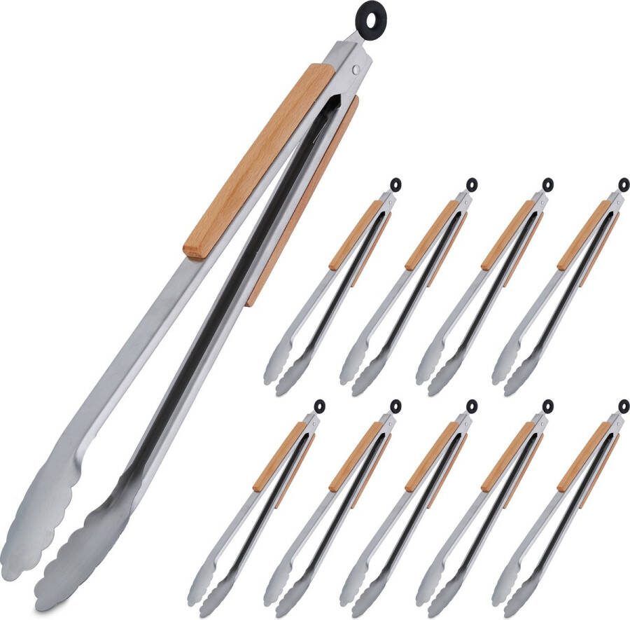 Relaxdays 10x barbecuetang houten handgreep bbq serveertang vleestang 38 cm rvs