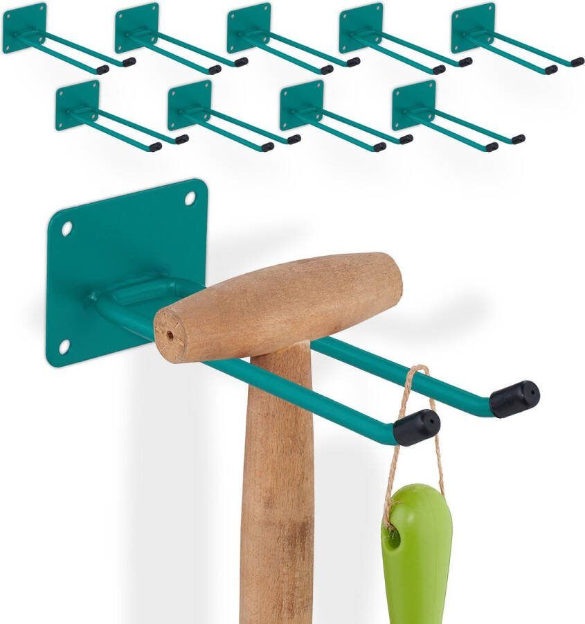 Relaxdays 10x bezemhouder staal tuingereedschapshouder 25 kg ophanghaak garage groen