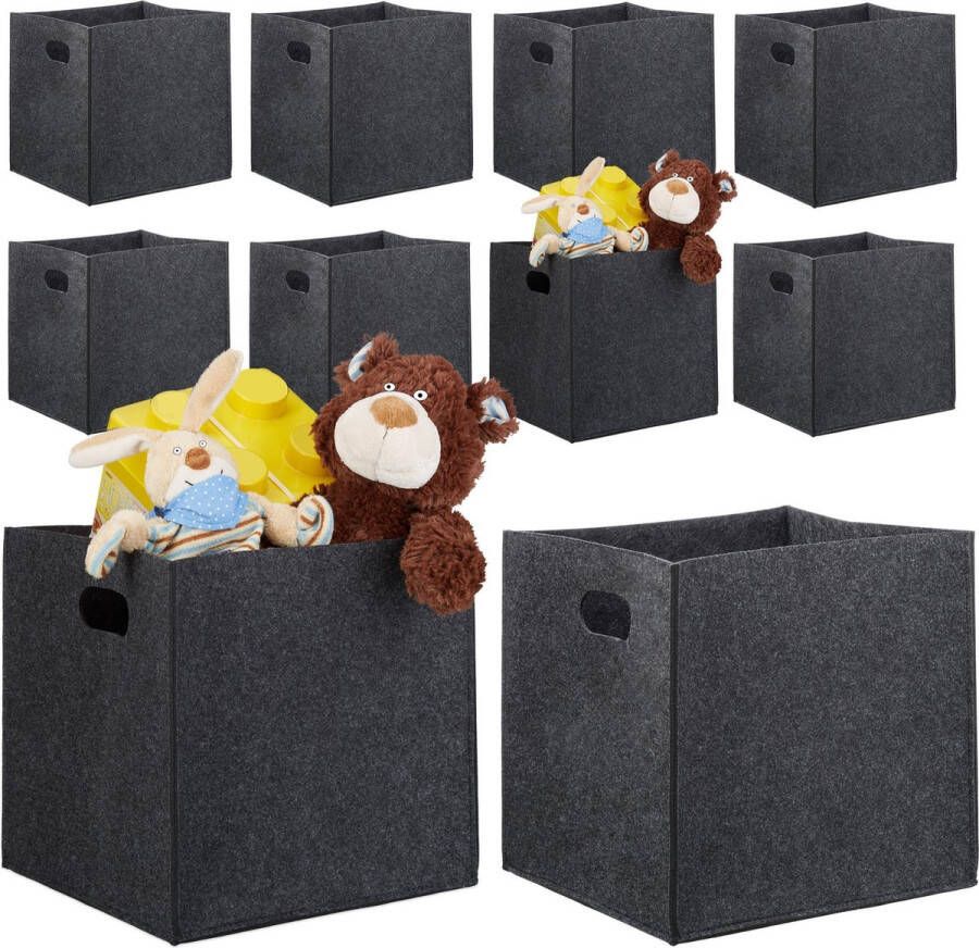 Relaxdays 10x houtmand vierkant antraciet vilt haardhout mand opbergdoos