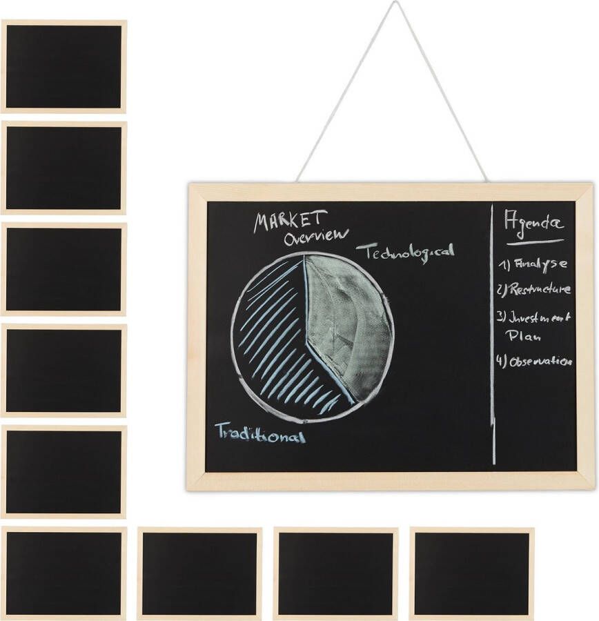 Relaxdays 10x krijtbord met houten lijst memobord memoboard voor aan de muur zwart