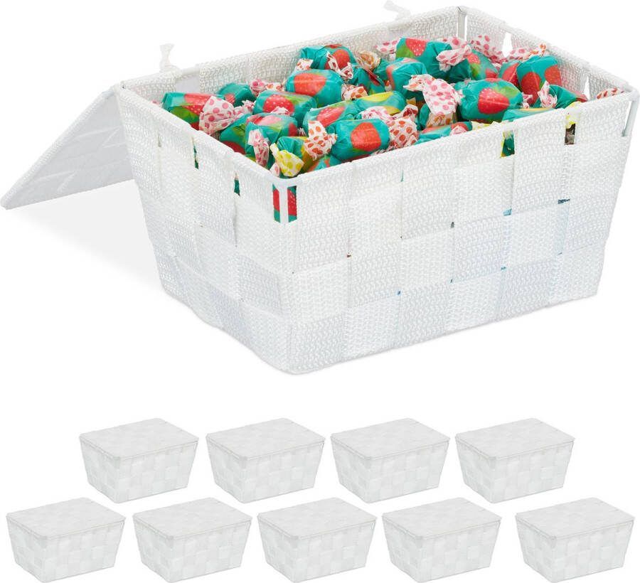 Relaxdays 10x opbergmand met deksel kastmand kunststof mand voor badkamer wit