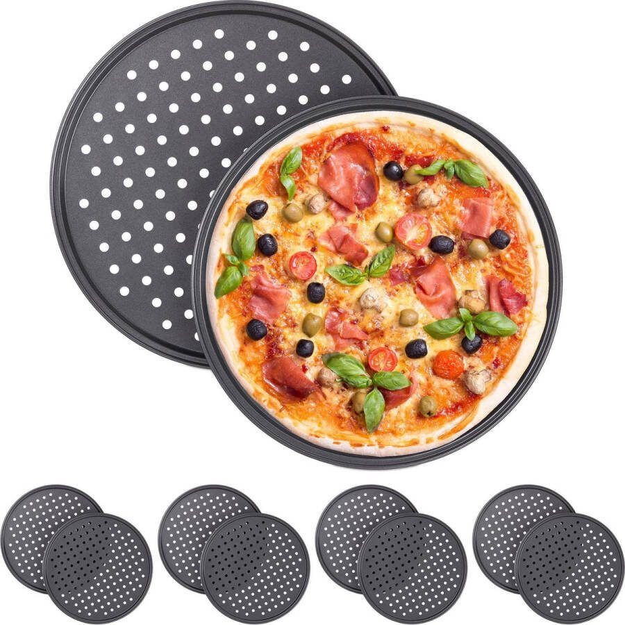 Relaxdays 10 x pizzaplaat pizza bakplaat rond antiaanbaklaag geperforeerd grijs