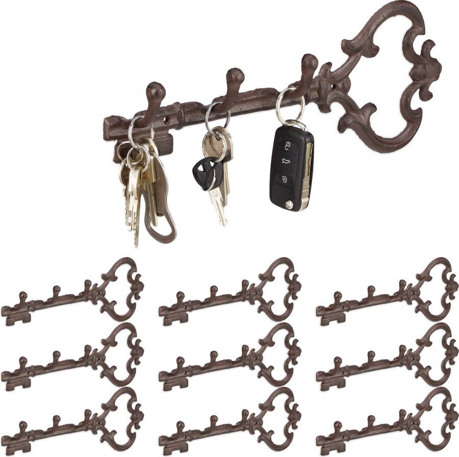 Relaxdays 10x sleutelrekje vintage sleutel organizer sleutelrek 3 haken ophanghaken