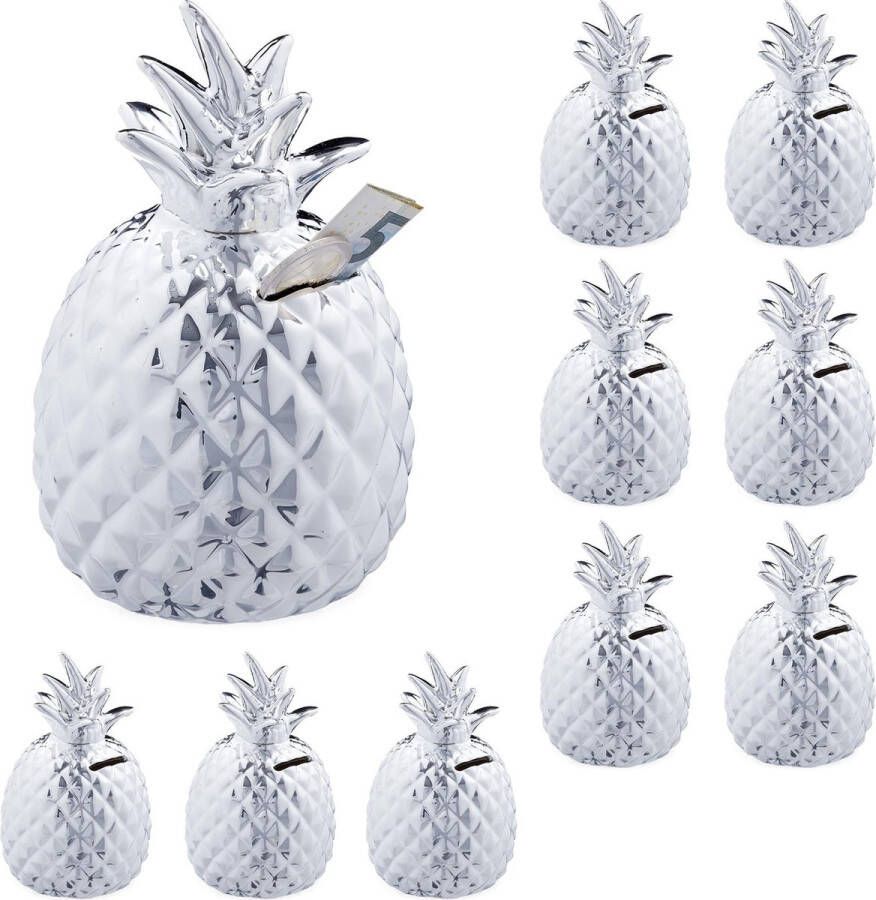 Relaxdays 10x spaarpot ananas spaarvarken zilver afsluitbare spaarpot met slot