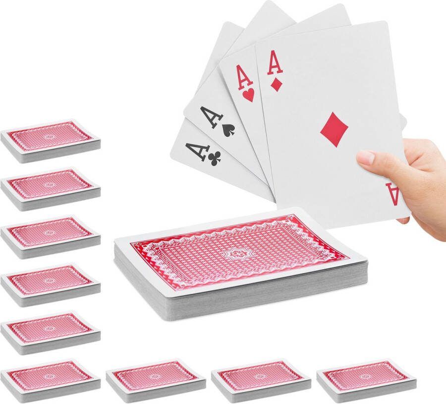 Relaxdays 10x speelkaarten groot pokerkaarten waterafstotend 270 stuks grote kaarten