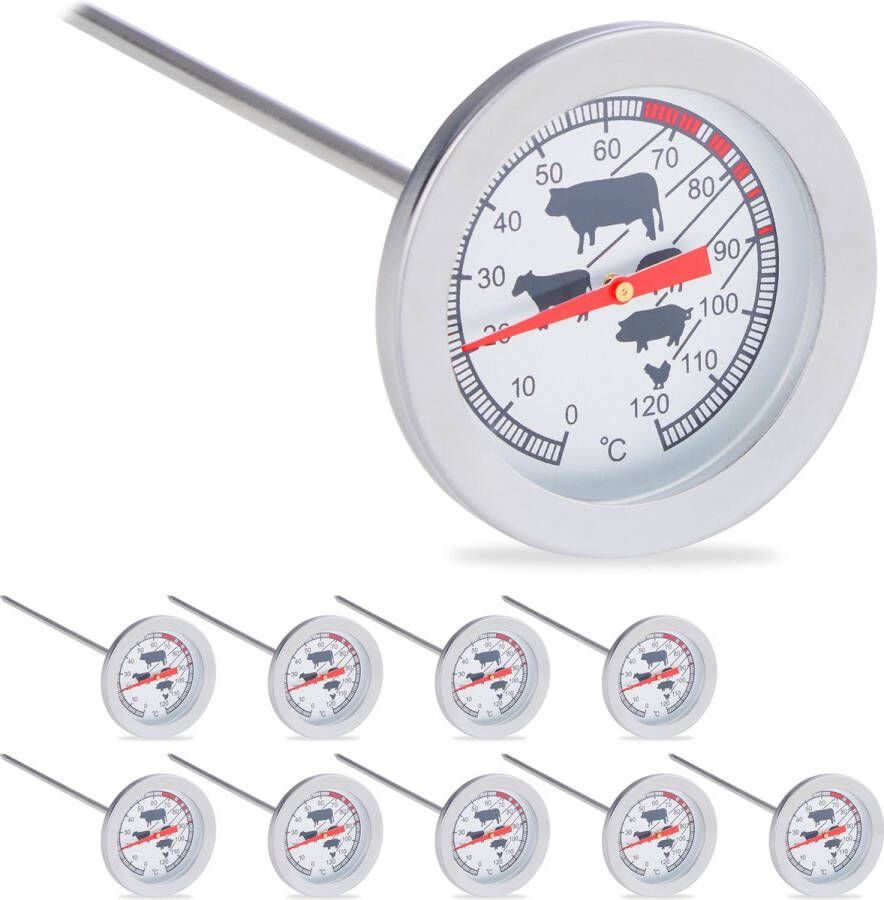 Relaxdays 10x vleesthermometer analoog bbq thermometer rvs braadthermometer barbecue