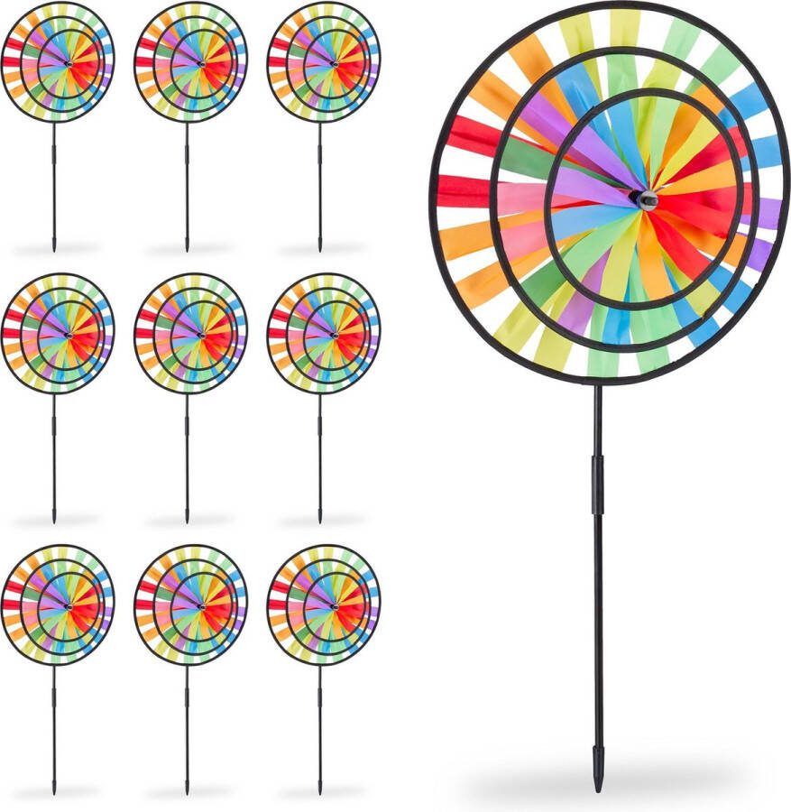 Relaxdays 10x windmolen regenboog tuindecoratie tuinsteker windspel gekleurd