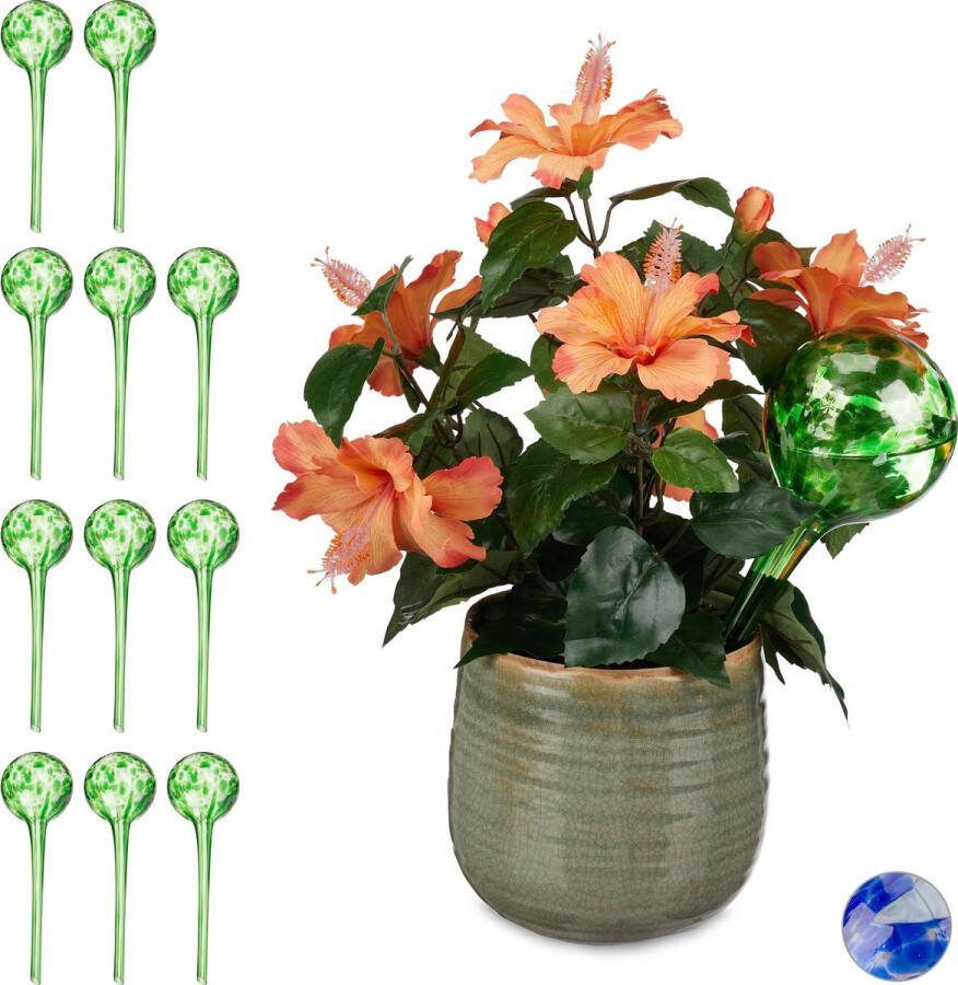Relaxdays 12 x waterdruppelaar glas watergeefsysteem waterbollen Ø 9 cm – groen