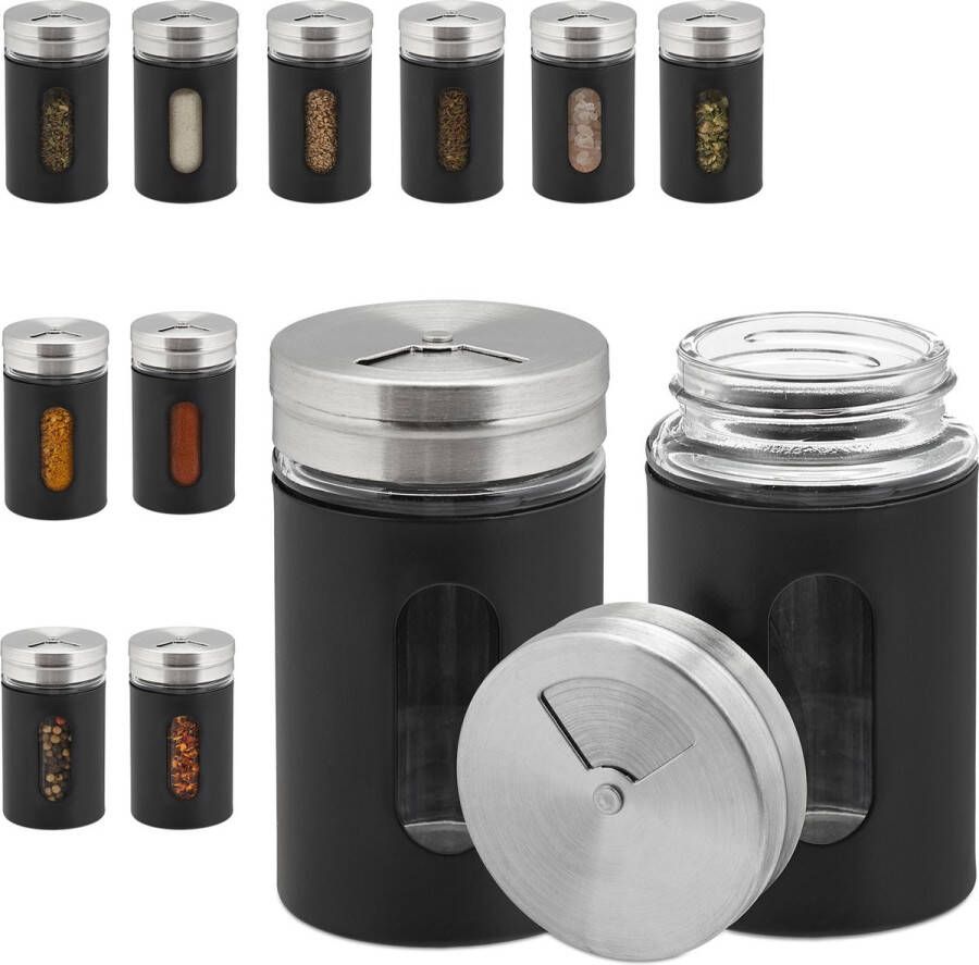 Relaxdays 12x kruidenpotje met strooideksel set strooibussen strooipotjes 90 ml zwart
