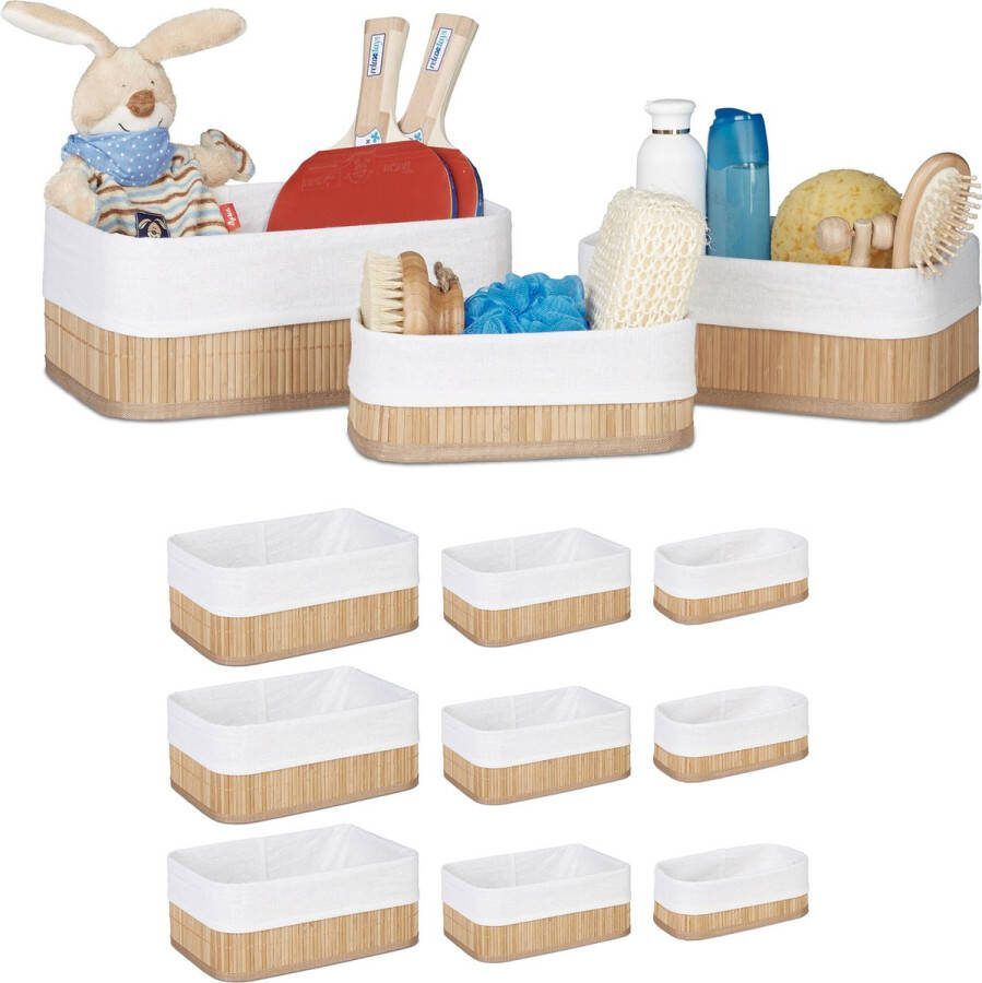 Relaxdays 12x opbergmand bamboe stof mandjes badkamermanden speelgoed naturel