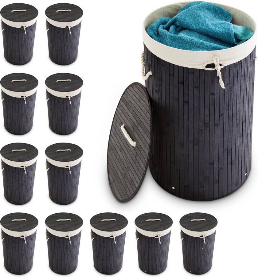 Relaxdays 12x wasmand bamboe opvouwbare wasbox met deksel 70 liter rond zwart