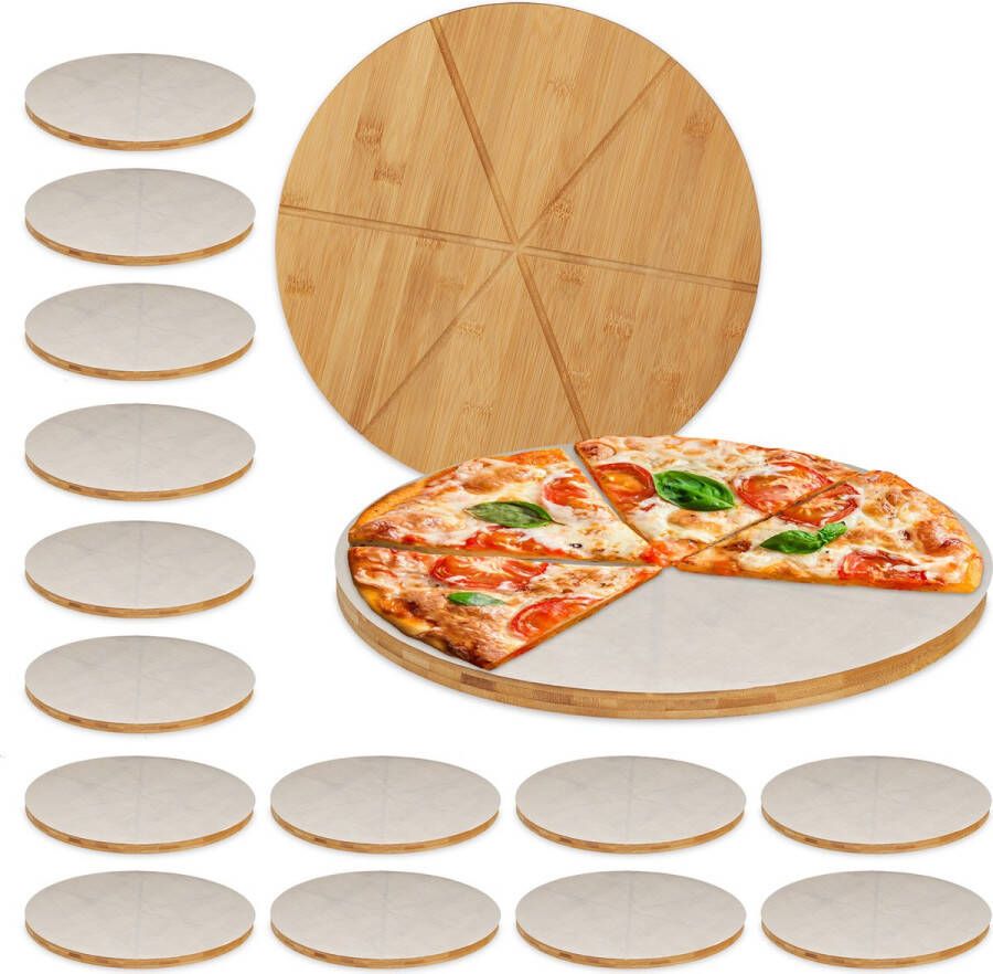 Relaxdays 16x Pizzaplank bamboe rond serveerplank- 33 cm bakpapier pizzabord set