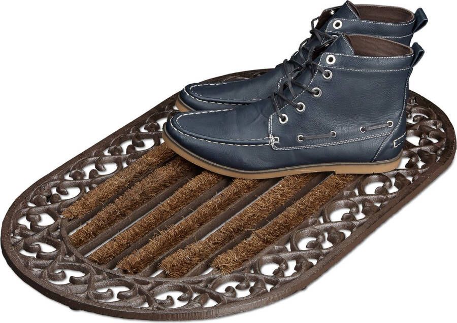 Relaxdays 1x deurmat gietijzer borstels ovale voetmat voetveger metaal schoonloopmat