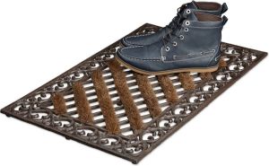 Relaxdays 1x deurmat gietijzer borstels voetmat rechthoekige voetveger metaal buiten