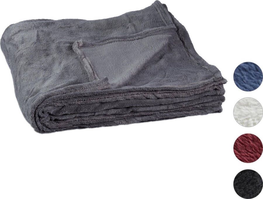 Relaxdays 1x fleece deken 200x220 cm plaid bank kleed polyester grijs- xxl groot