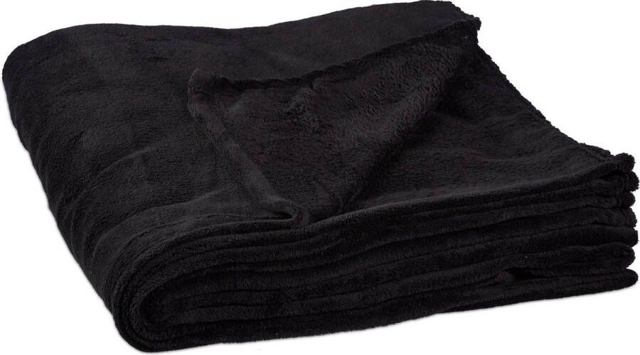 Relaxdays 1x fleece deken 200x220 cm plaid kleed polyester zwart xxl groot