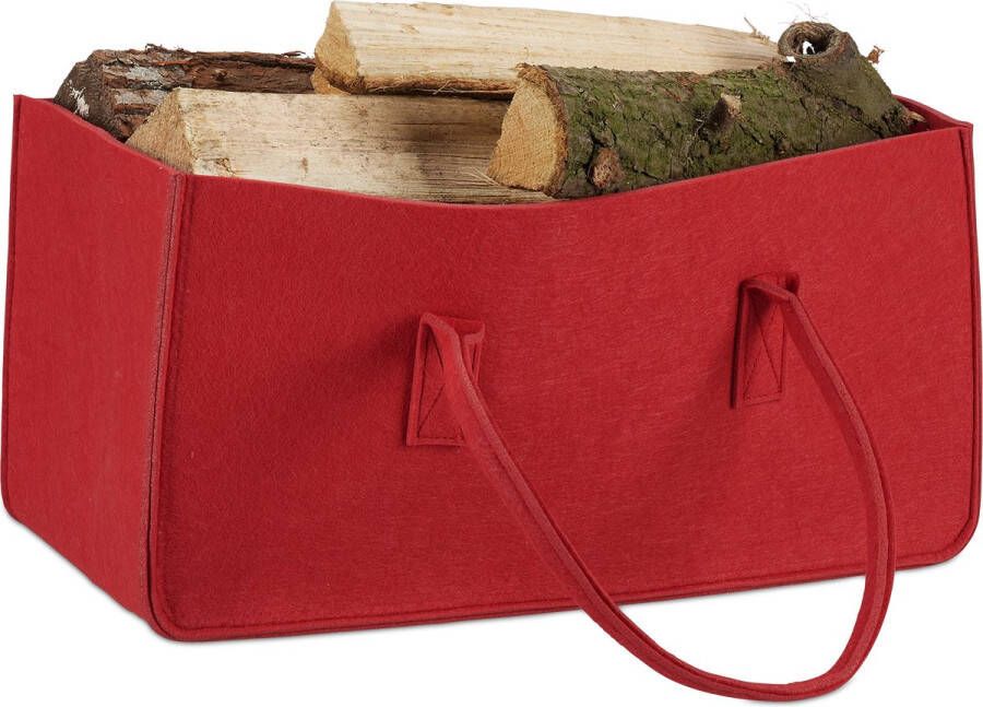 Relaxdays 1x houtmand van vilt haardhout tas draagtas vilttas rood opbergmand