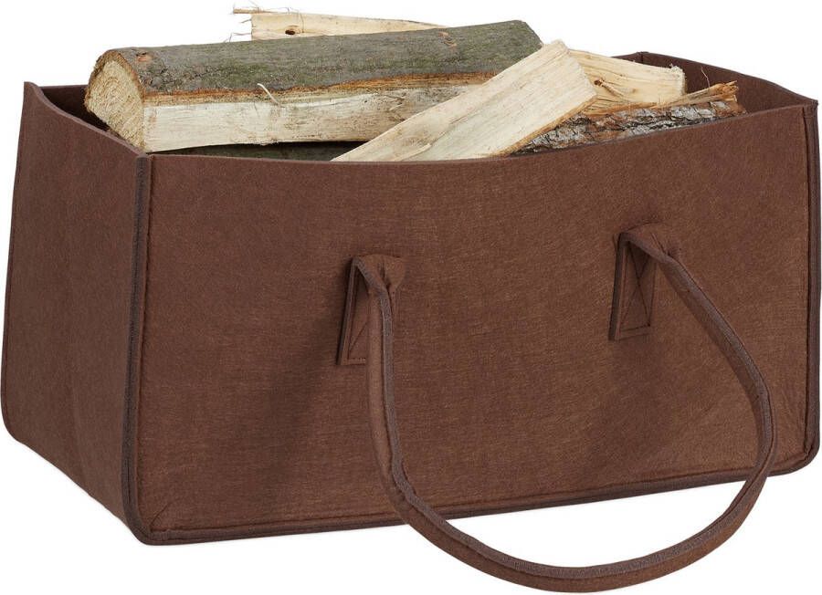 Relaxdays 1x houtmand vilt haardhout tas draagtas vilttas bruin boodschappentas