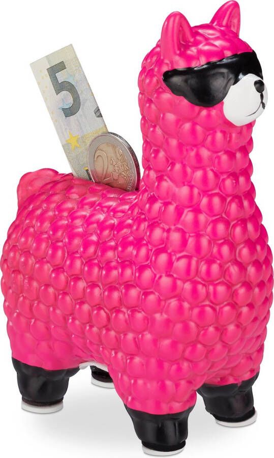 Relaxdays 1x lama spaarpot met zonnebril spaarvarken alpaca keramiek roze