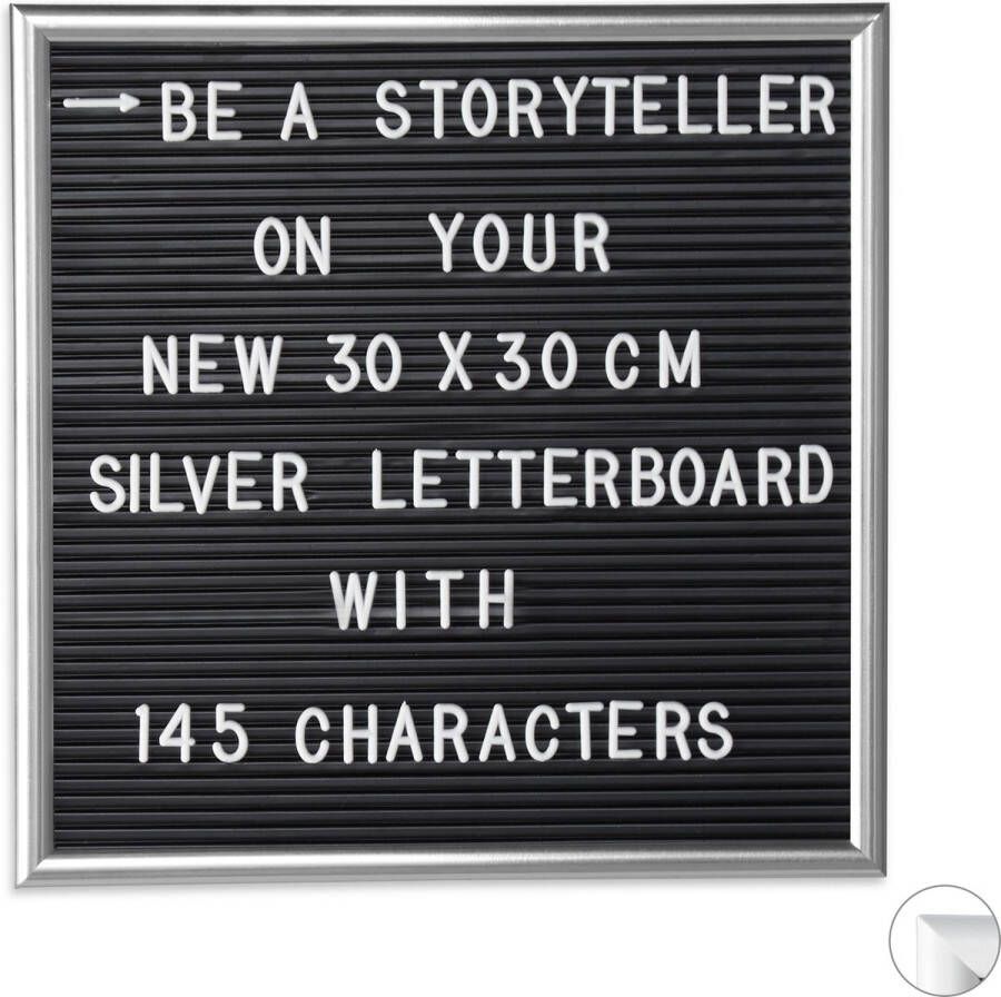 Relaxdays 1x letterbord 30x30 decoratie memoboard letter board vierkant zilver