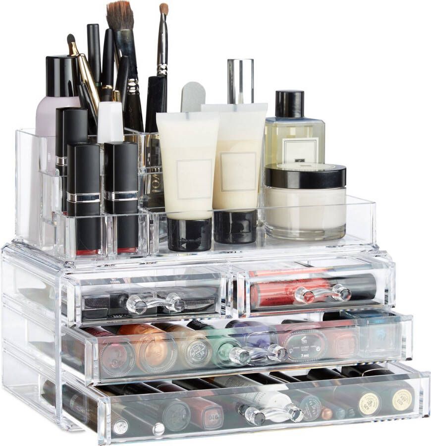 Relaxdays 1x make-up organizer 2-delig cosmetica opbergdoos houder transparant