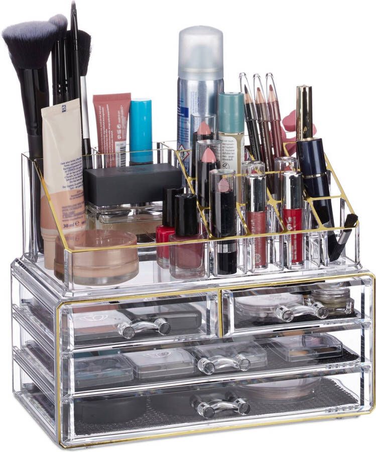 Relaxdays 1x make-up organizer 20 vakken cosmetica opbergdoos transparant goud