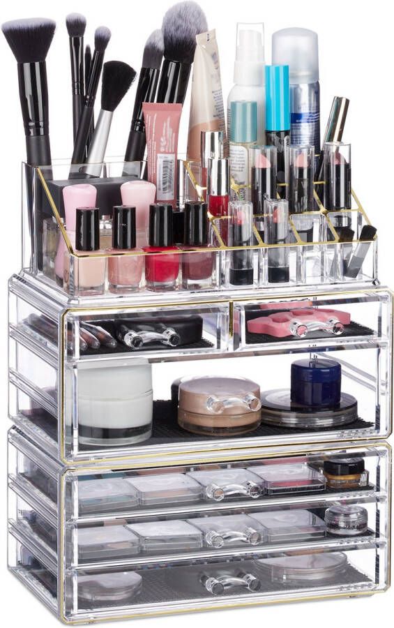 Relaxdays 1x make up organizer met 6 lades acryl cosmetica opslag transparant-goud