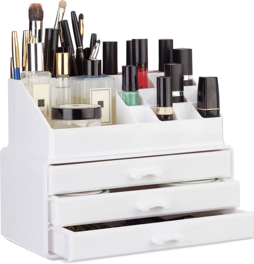 Relaxdays 1x make-up organizer stapelbaar sieradendoos cosmetica opbergbox wit