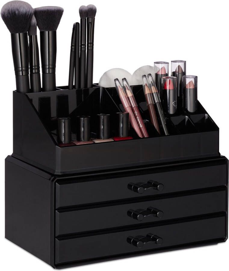Relaxdays 1x make-up organizer stapelbaar sieradendoos cosmetica opbergbox zwart