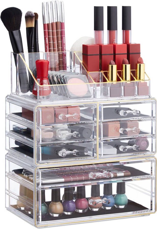 Relaxdays 1x make-up organizer transparant-goud cosmetica acryl stapelbaar 8 lades