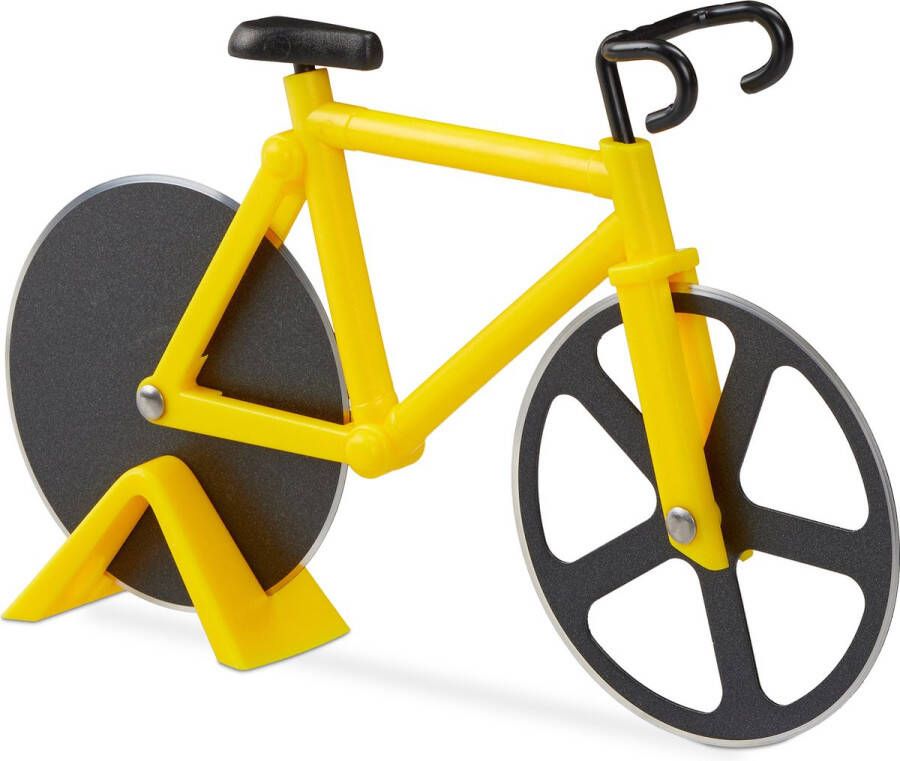 Relaxdays 1x pizzasnijder fiets pizzames racefiets pizzaroller origineel geel