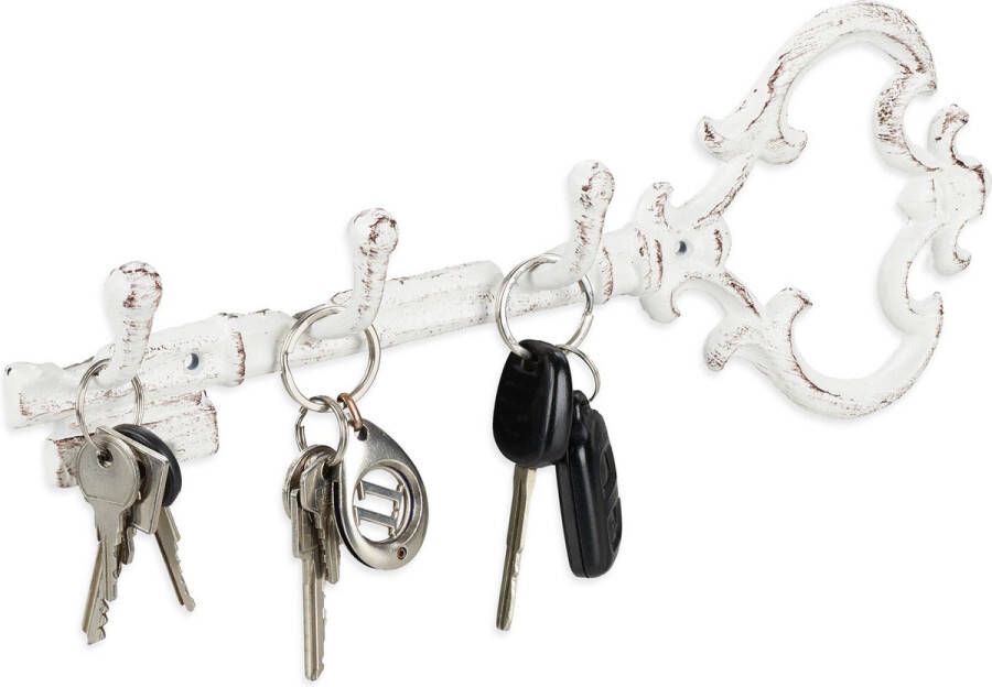 Relaxdays 1x sleutelrekje vintage sleutel organizer 3 haken- sleutelrek 3 haken wit