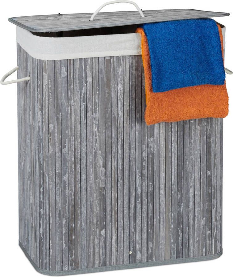 Relaxdays 1x wasmand 2 vakken bamboe wasbox grijs 95 liter opvouwbaar waszak stof
