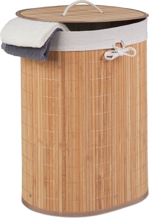 Relaxdays 1x wasmand bamboe opvouwbaar deksel wasgoedmand 46 l uitneembare waszak
