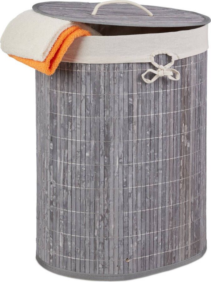 Relaxdays 1x wasmand bamboe opvouwbaar wasbox 46 l uitneembare waszak grijs