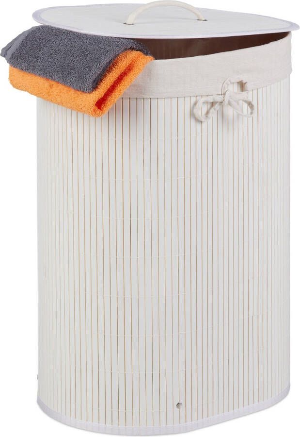 Relaxdays 1x wasmand bamboe opvouwbaar wasbox 46 l uitneembare waszak wit