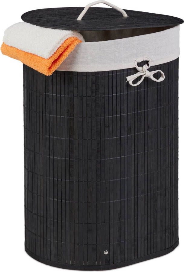 Relaxdays 1x wasmand bamboe opvouwbaar wasbox 46 l uitneembare waszak zwart