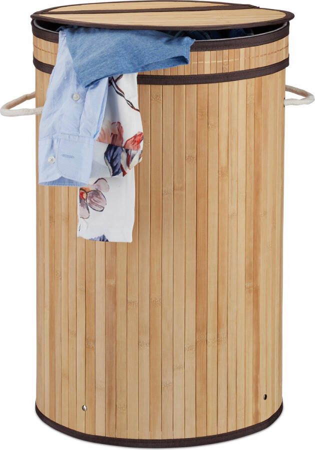 Relaxdays 1x wasmand bamboe ronde wasbox met deksel 63 x 40 cm 65 liter natuur