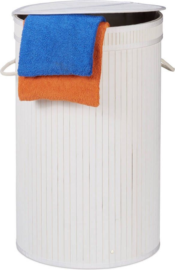 Relaxdays 1x wasmand bamboe ronde wasbox met deksel 63 x 40 cm 65 liter wit