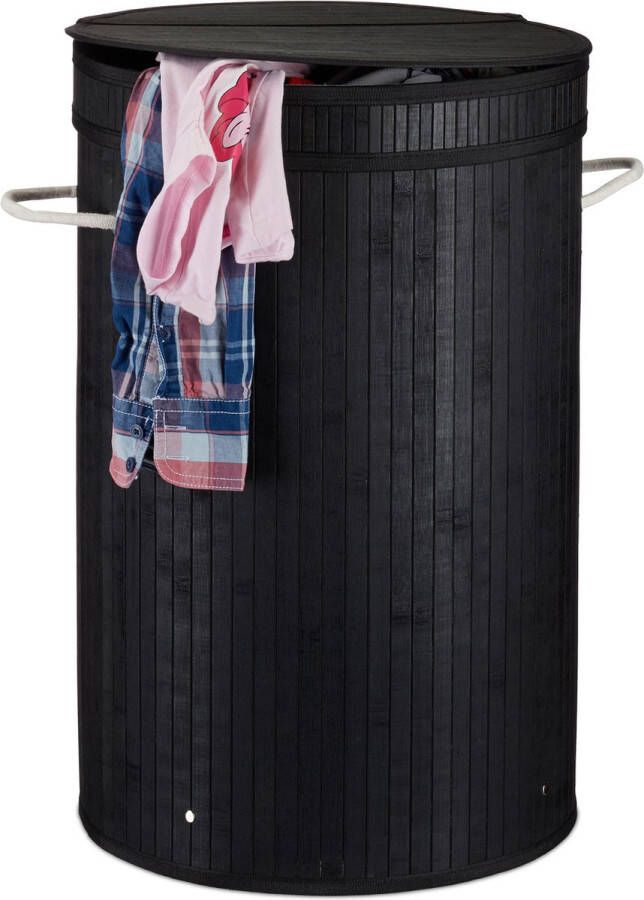 Relaxdays 1x wasmand bamboe ronde wasbox met deksel 63 x 40 cm 65 liter zwart