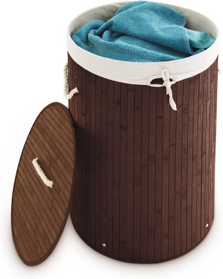 Relaxdays 1x wasmand bamboe wasbox met deksel 70 liter rond 65 x 41 cm bruin