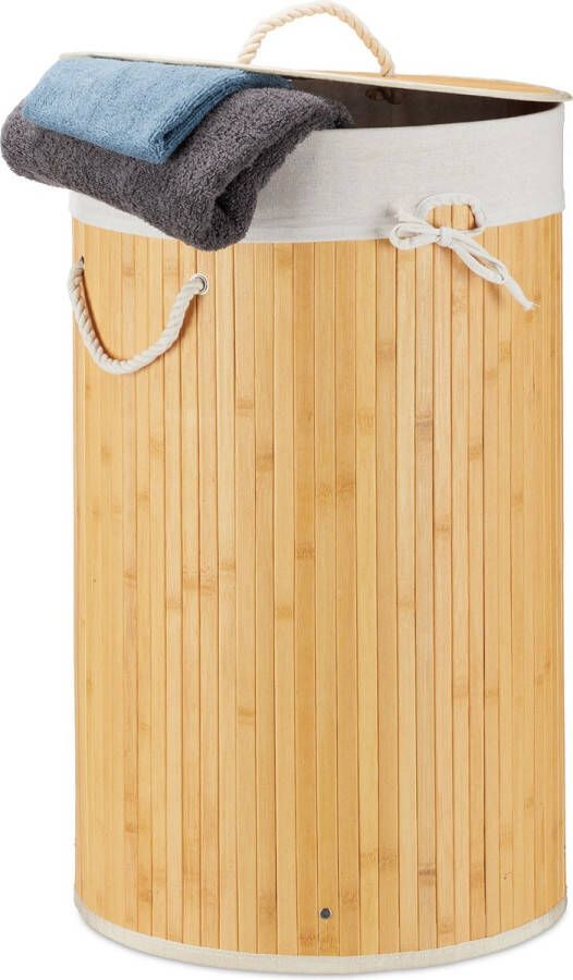 Relaxdays 1x wasmand bamboe wasbox met deksel 70 liter rond 65 x 41 cm crème