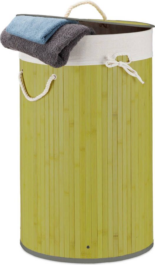 Relaxdays 1x wasmand bamboe wasbox met deksel 70 liter rond 65 x 41 cm groen