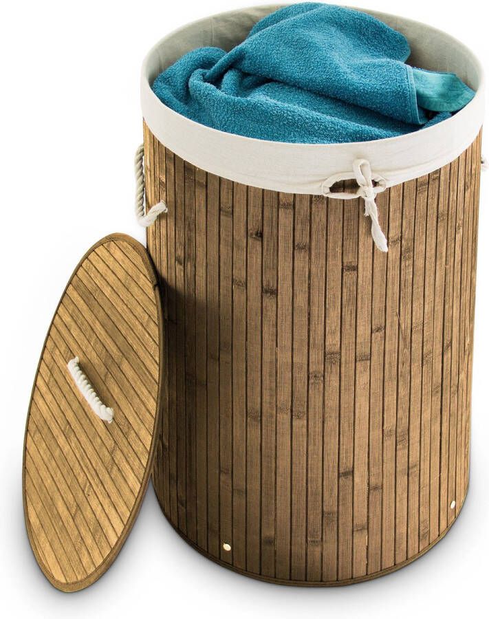 Relaxdays 1x wasmand bamboe wasbox met deksel 70 liter rond 65 x 41 cm natuur