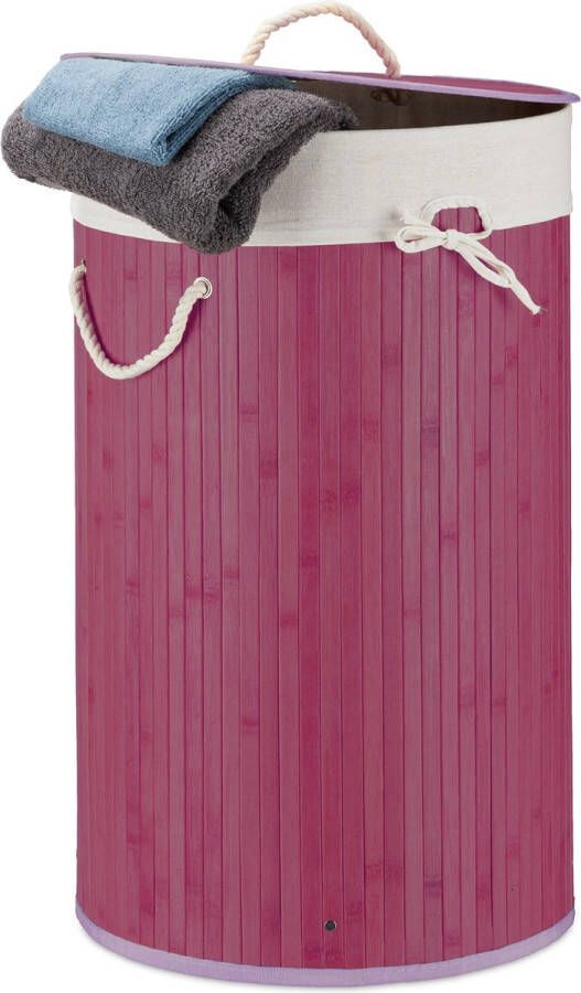 Relaxdays 1x wasmand bamboe wasbox met deksel 70 liter rond 65 x 41 cm paars