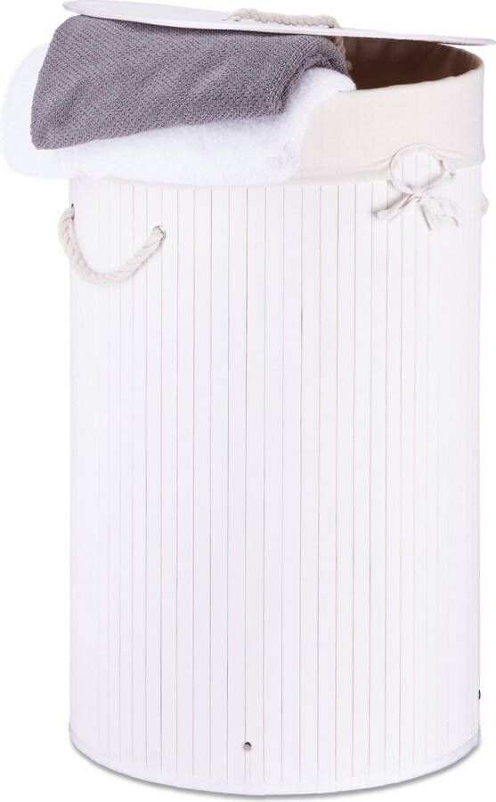 Relaxdays 1x wasmand bamboe wasbox met deksel 70 liter rond 65 x 41 cm wit