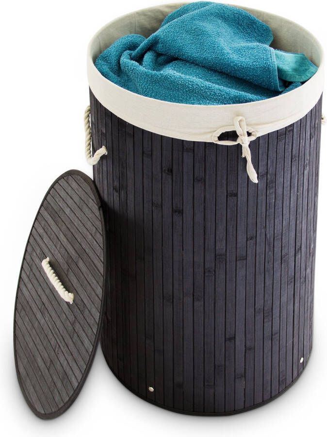 Relaxdays 1x wasmand bamboe wasbox met deksel 70 liter rond 65 x 41 cm zwart