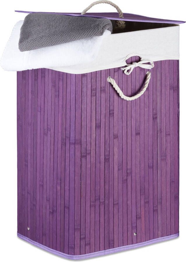 Relaxdays 1x wasmand bamboe wasbox opvouwbaar 80 liter met stoffen waszak paars