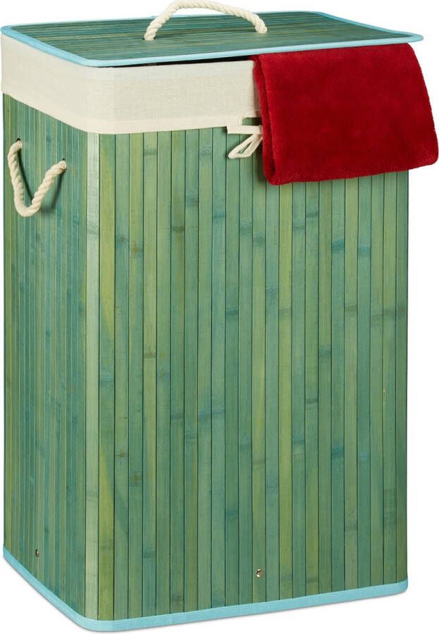 Relaxdays 1x wasmand bamboe wasbox opvouwbaar 80 liter met waszak blauw