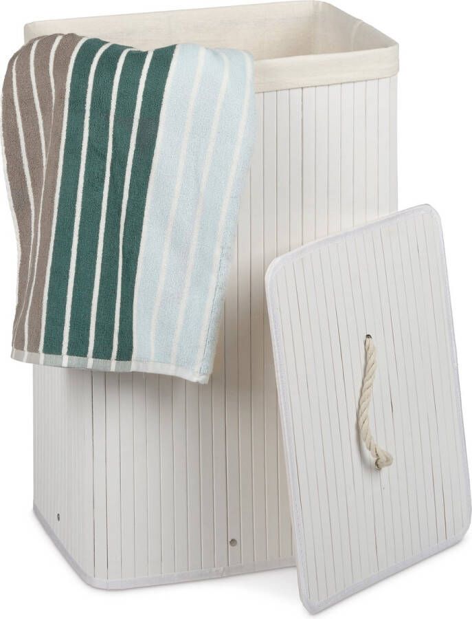 Relaxdays 1x wasmand bamboe wasbox opvouwbaar 80 liter met waszak wit